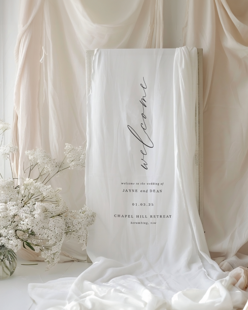 fabric welcome sign for a wedding event, white linen fabric with white text that says "welcome to the wedding of" and then the couples name, wedding date and venue.