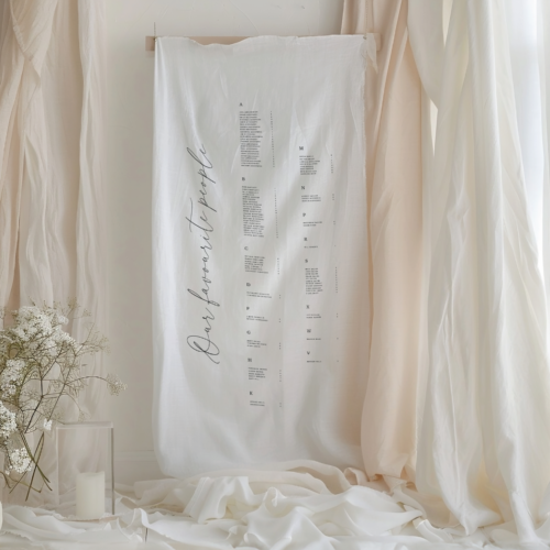 fabric seating chart sign for a wedding event, white linen fabric with black text that says "our favourite people" and then the guest names in alphabetical order and their allocated table numbers